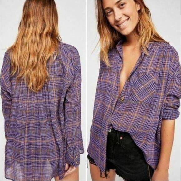 Free People Tops - Free People Break My Stripe Plaid Shirt in Violet